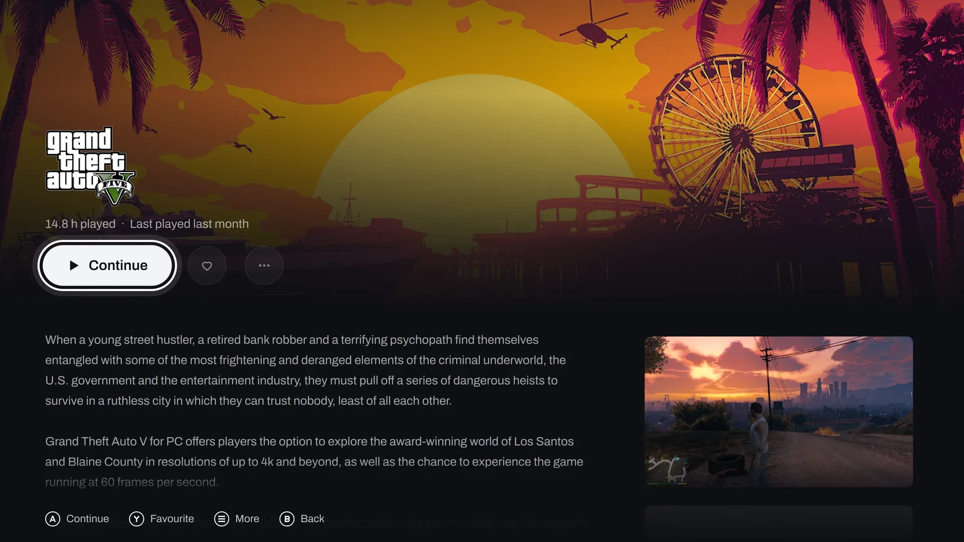 A game page with its play time, its buttons, the description and a column of screenshots