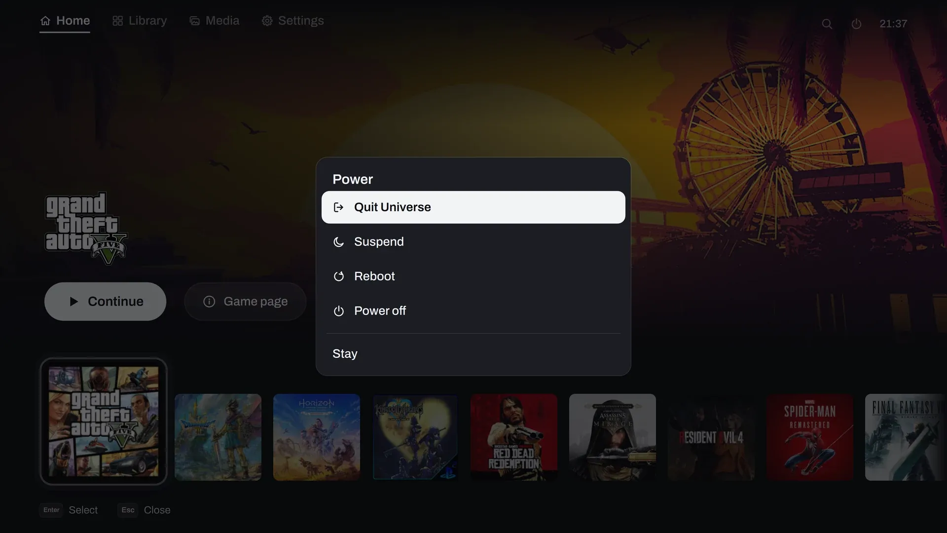 The Power menu: Quit Universe, Suspend, Reboot, Power off and Stay