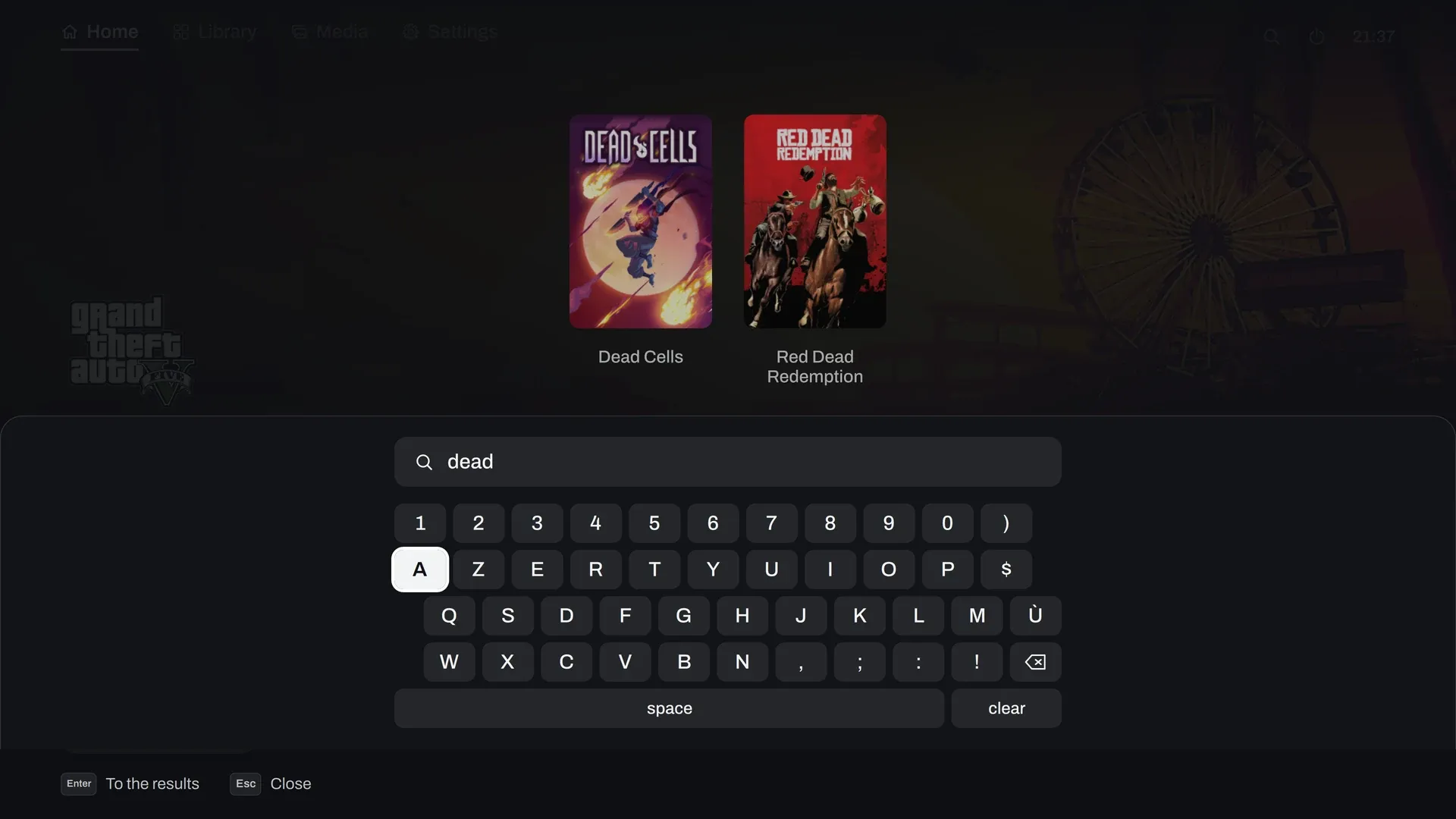 Search over the home screen: the games whose title matches, and the settings that do