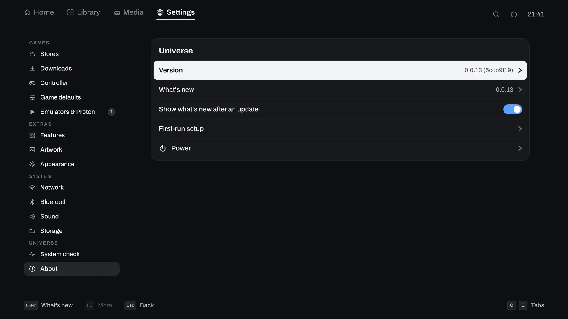 Settings, About: the version, what's new, first-run setup and power