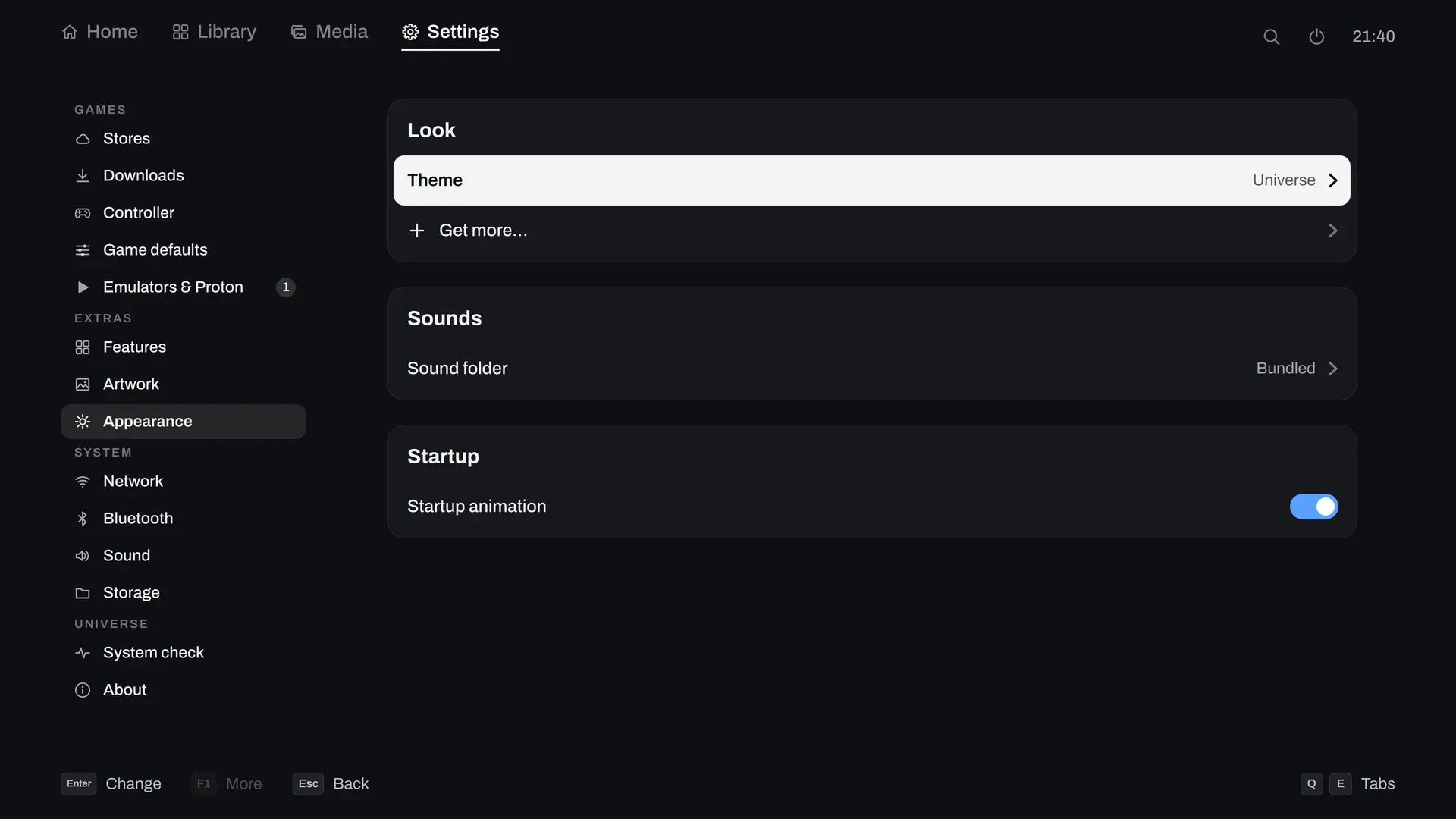 Settings, Appearance: the look, its sounds and the startup animation