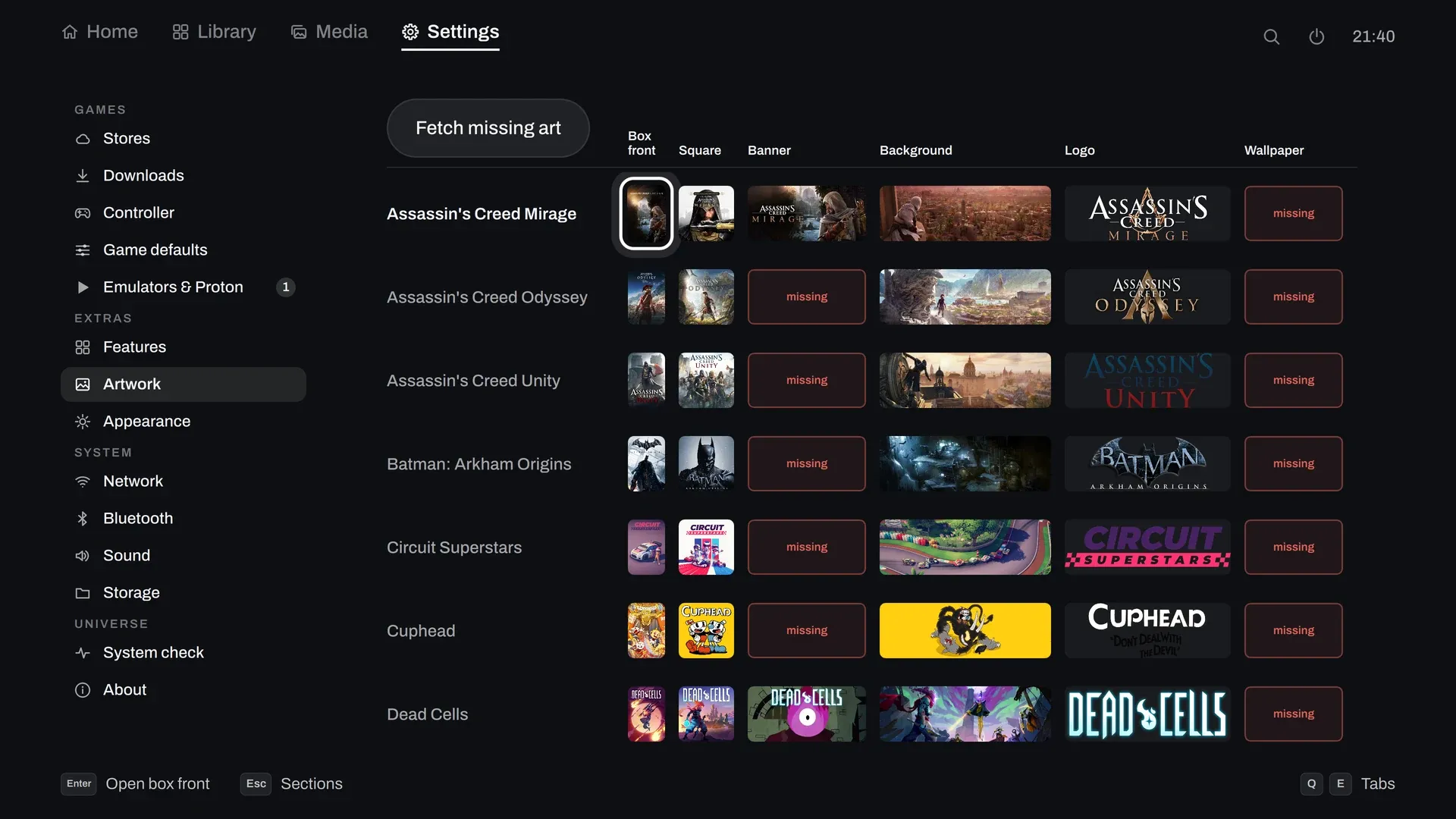 Settings, Artwork: the art each game is missing, and Fetch missing art