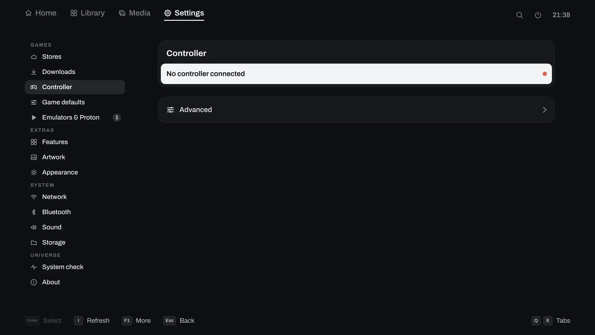 Settings, Controller: the controller Universe reads, its tests and its buttons