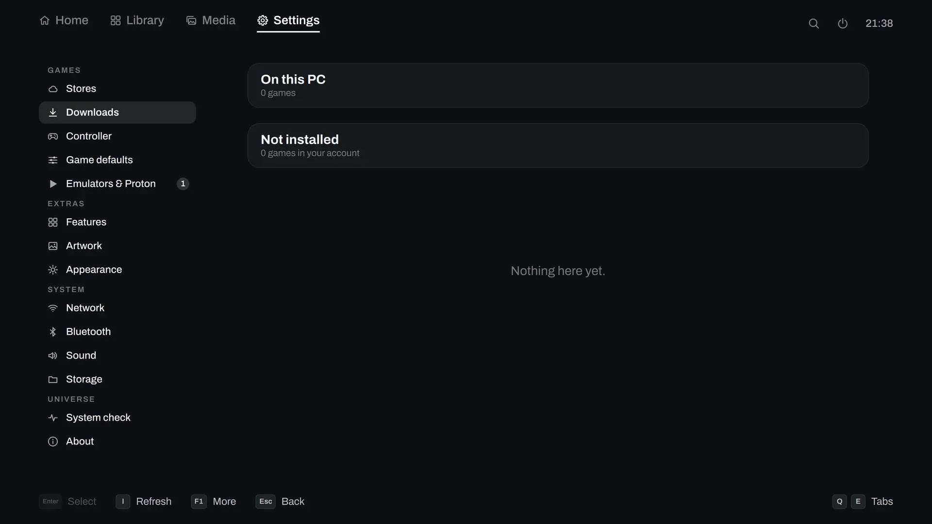 Settings, Downloads: installs in progress, updates, and the games each store has on this PC