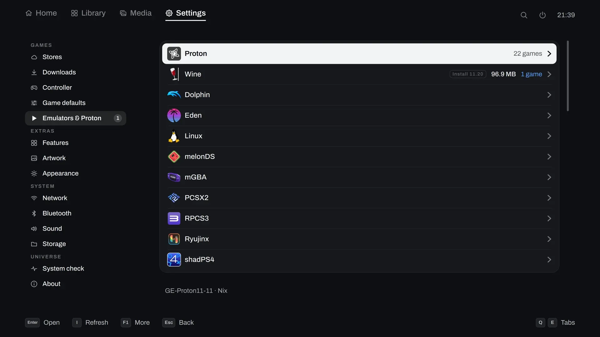 Settings, Emulators & Proton: the runners found, the ones Universe can install, and the tools