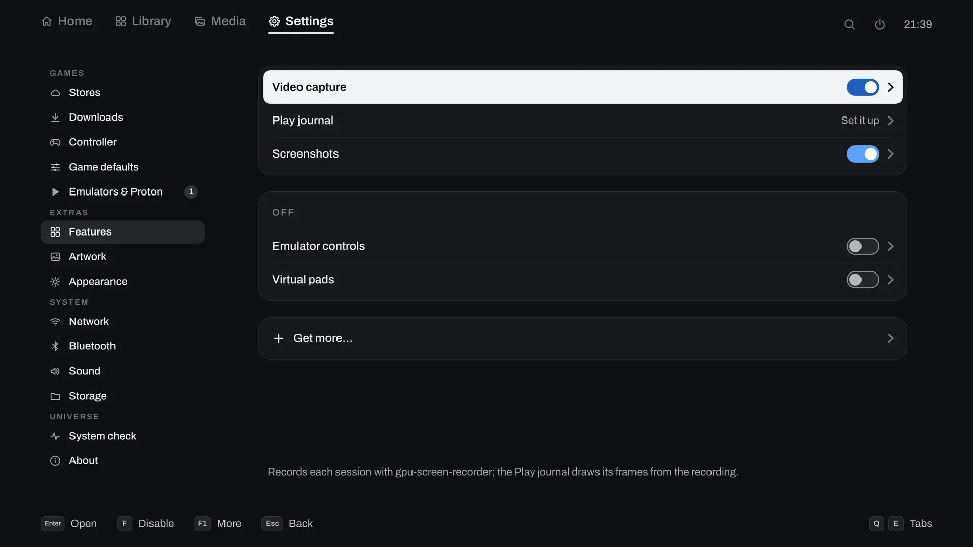 Settings, Features: the modules that are on, the ones that are off, and Get more