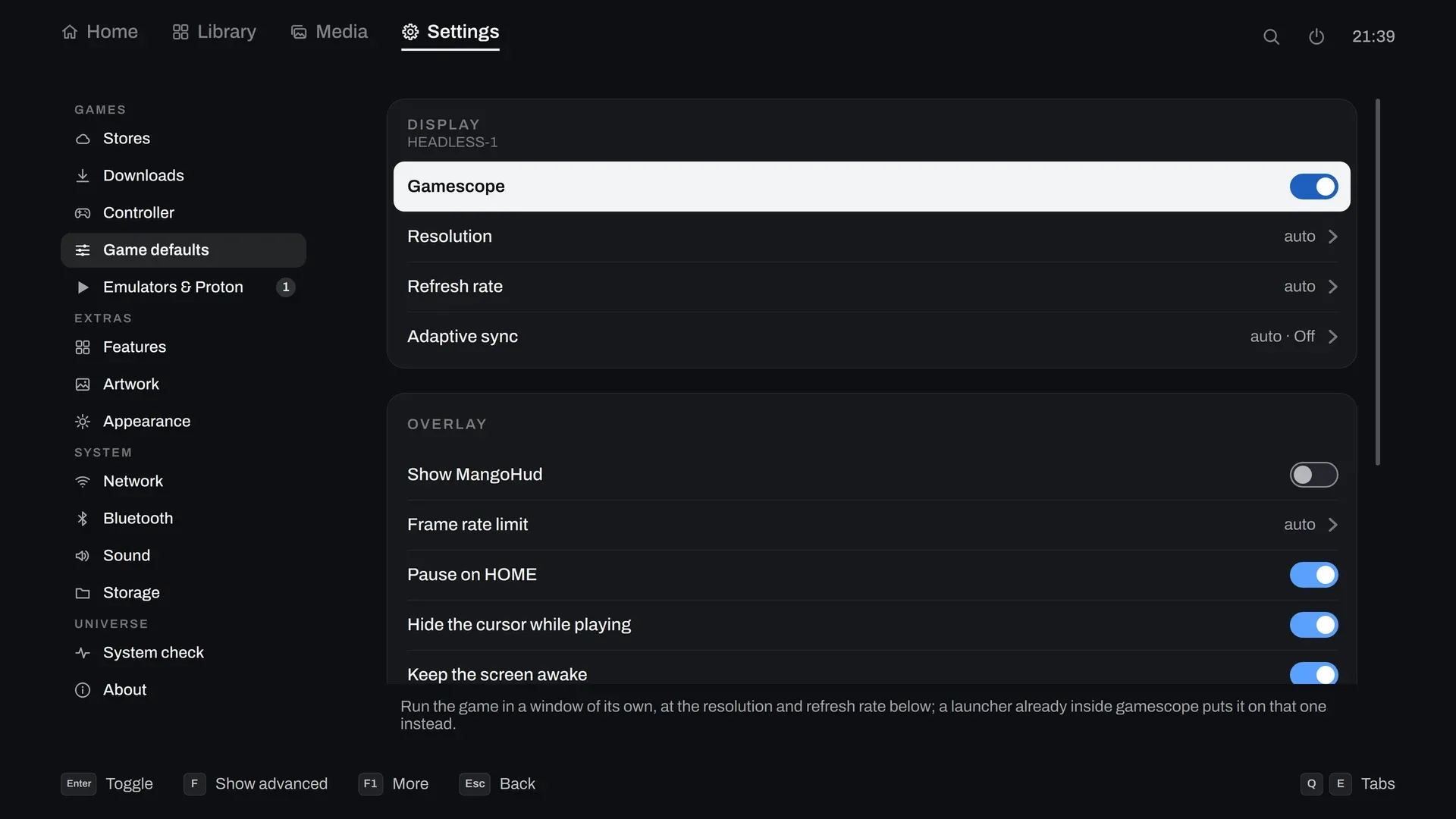 Settings, Game defaults: display, overlay, saves and updates for every game