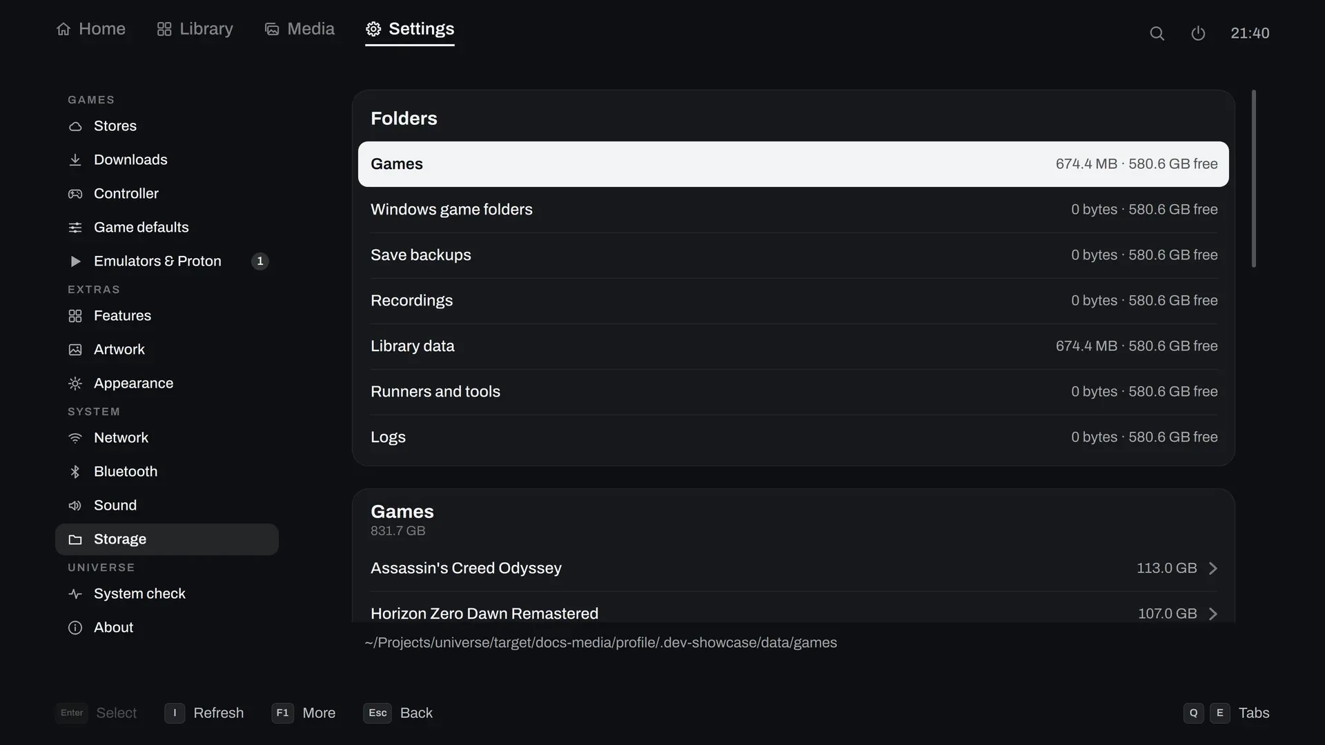 Settings, Storage: Universe's folders, the games by size, and what no game holds any more