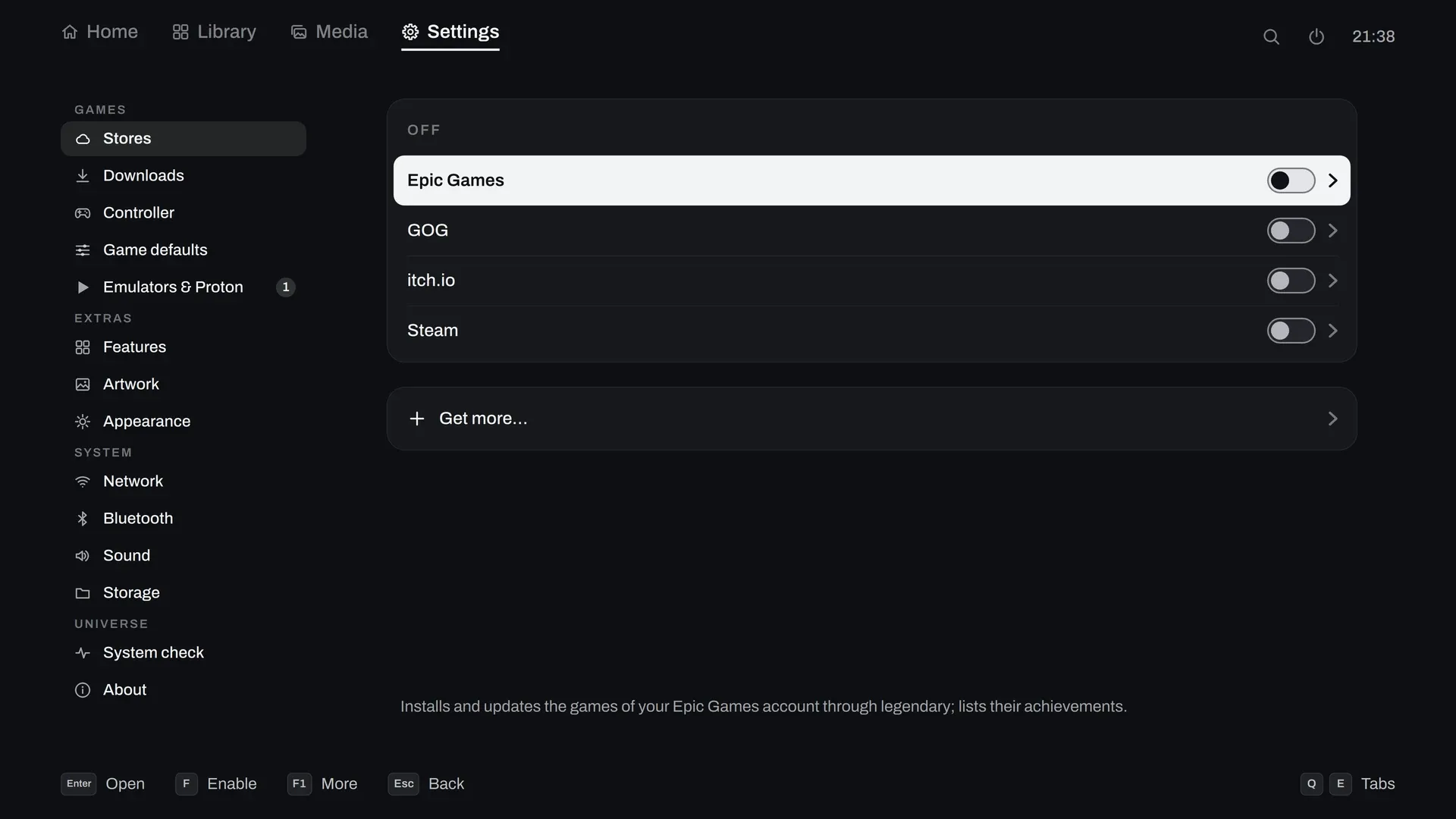 Settings, Stores: the store that is on, the ones that are off, and Get more