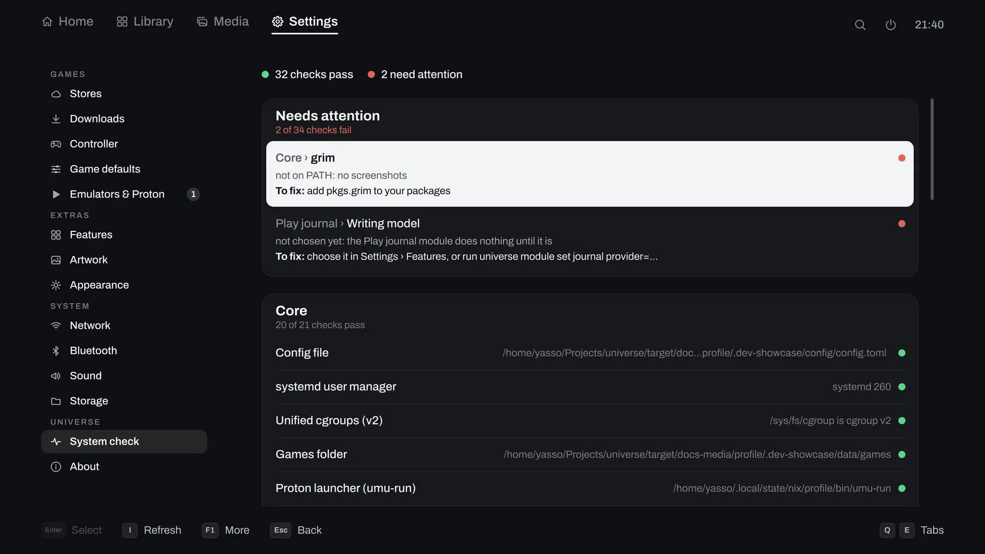 Settings, System check: the checks that pass and the ones that need attention